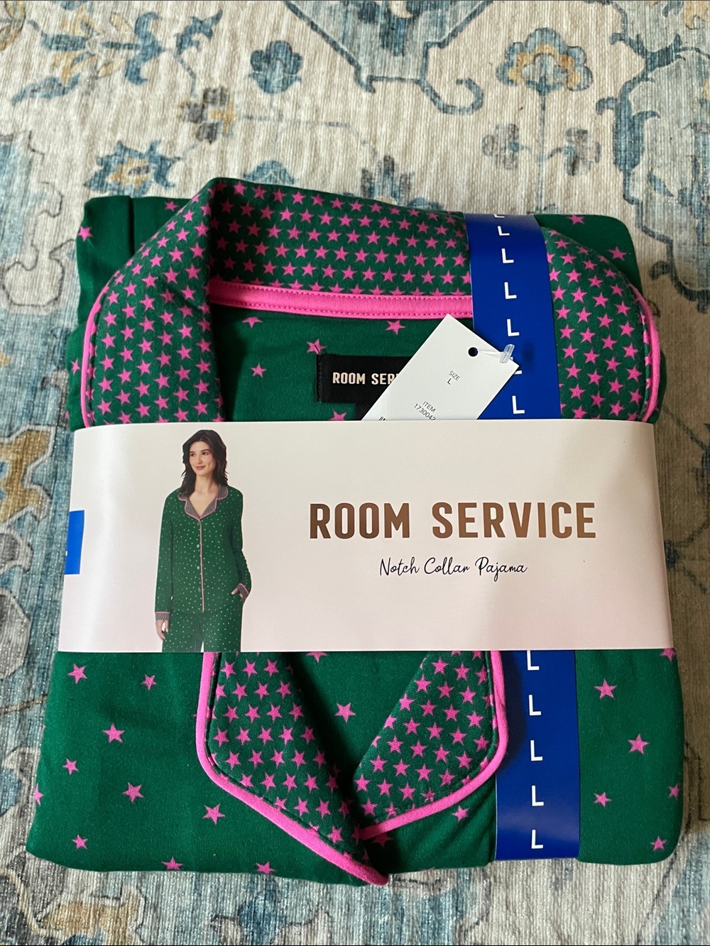 Room Service Women’s Notch Collar Pajama Set in Green with Pink Stars